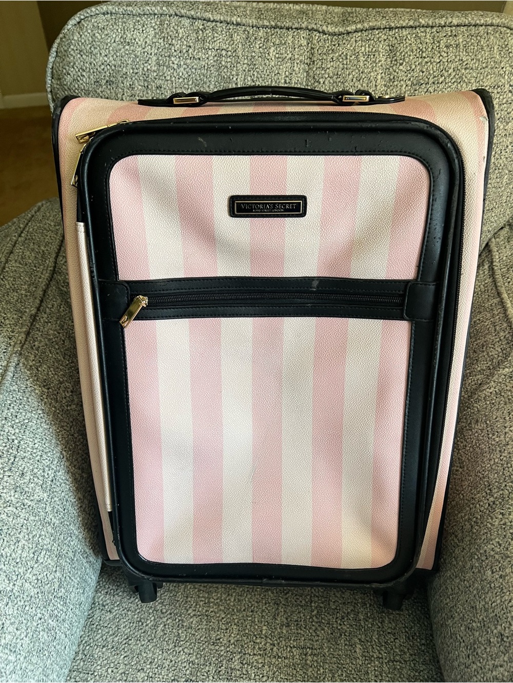 Victoria's Secret Pink & White Striped Carry-On with Black Trim
